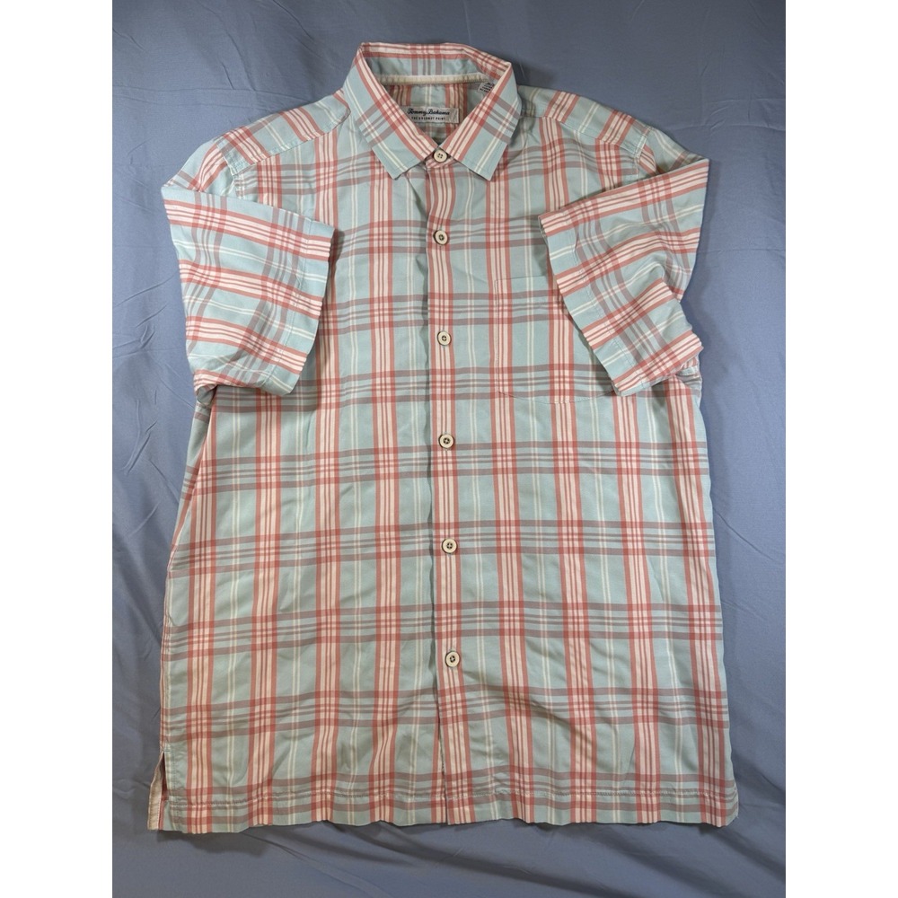 Tommy Bahama Men's Blue & Pink Plaid Short Sleeve Button Up Shirt Size Medium
